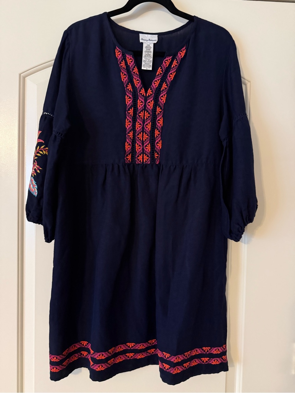 Tommy Bahama Navy Linen Dress with Colorful Embroidery